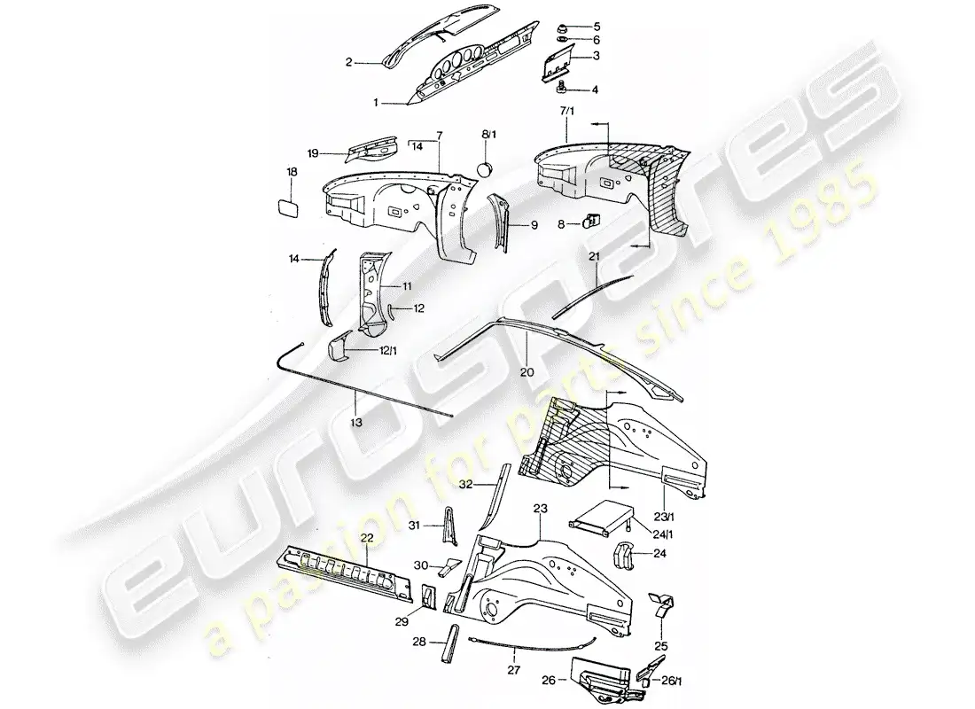 porsche 1975 (911 turbo) paneles interiores diagrama de piezas