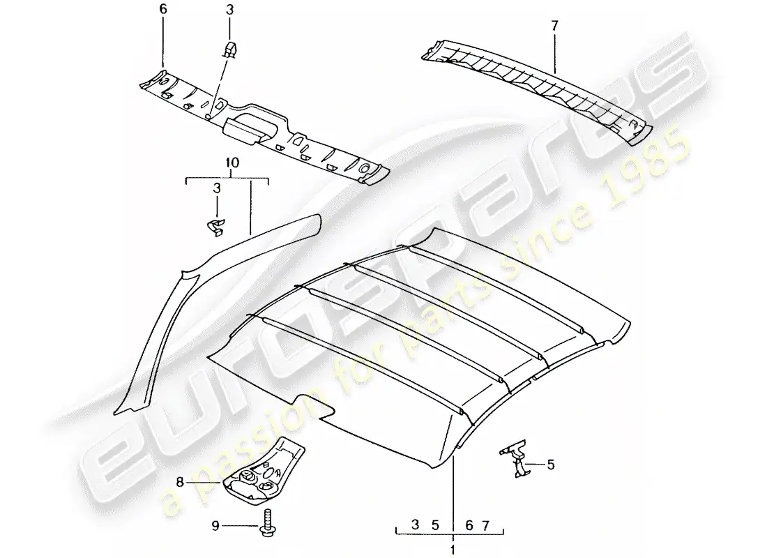porsche 2005 (996 gt3) panel de adorno de techo diagrama de piezas
