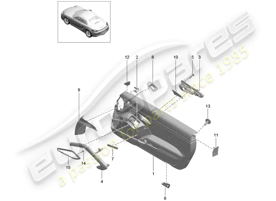 porsche 2014 (981 boxster) panel de la puerta diagrama de piezas