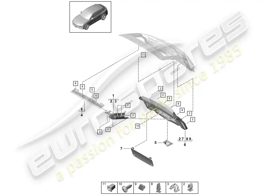porsche 2018 (cayenne e3 9ya/9yb) panel embellecedor para puerta de escotilla diagrama de piezas