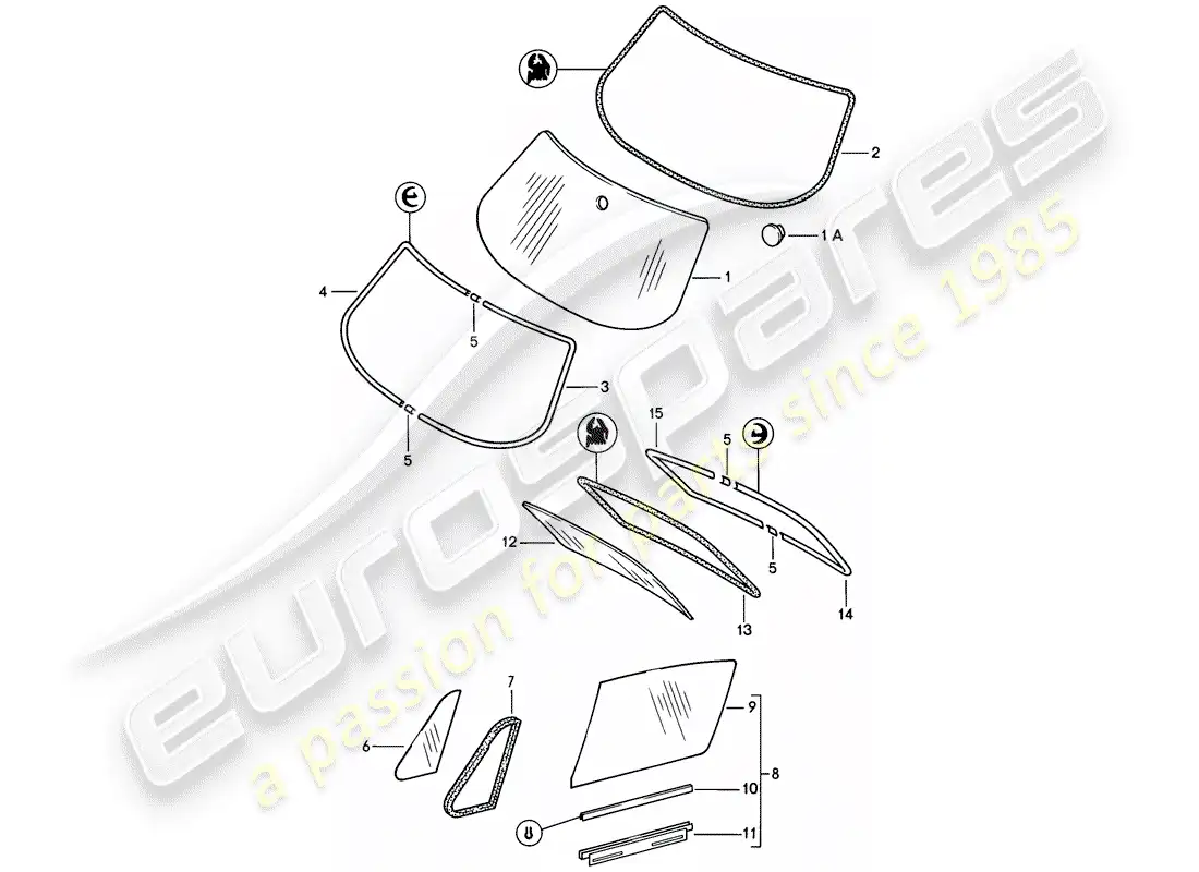 porsche 1986 (911) acristalamiento de ventanas diagrama de piezas