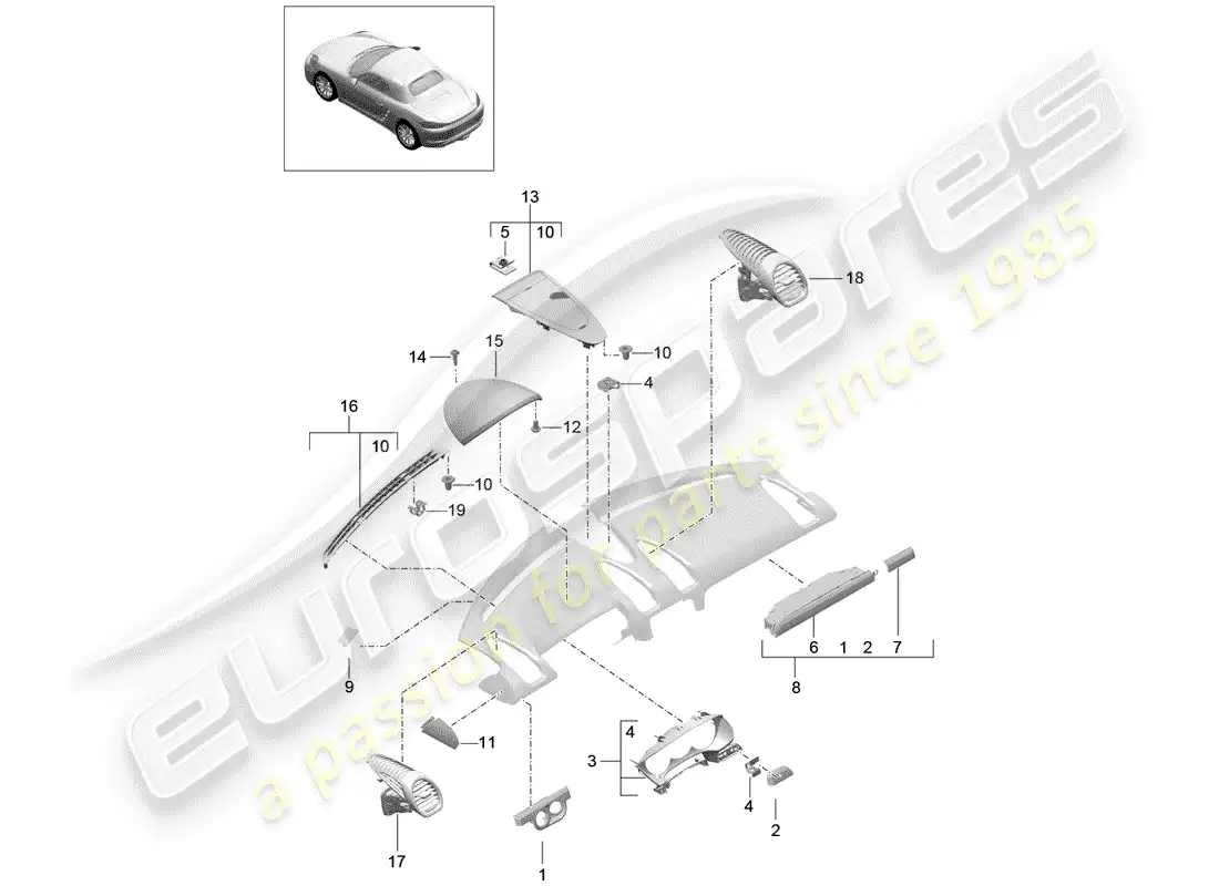porsche 2019 (718 boxster) accesorios diagrama de piezas