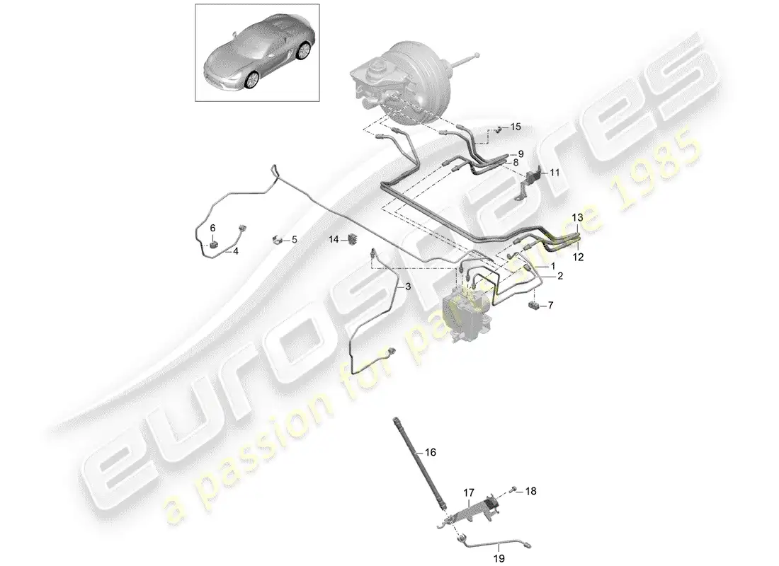 porsche 2016 (981 boxster spyder) líneas de freno diagrama de piezas