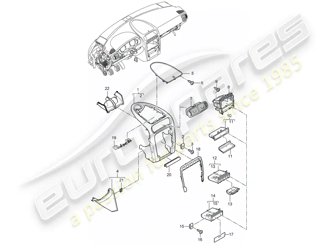 porsche 2010 (cayenne e1 9pa) moldura del panel de instrumentos diagrama de piezas