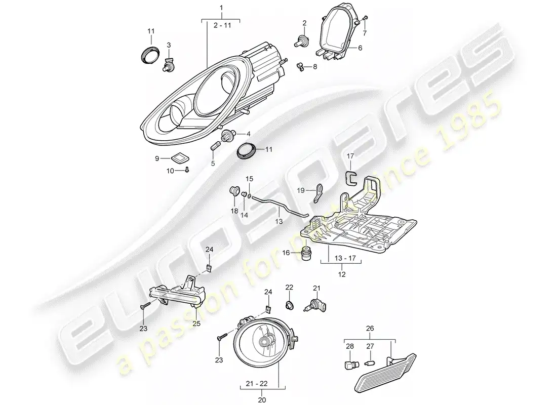 porsche 2012 (987 cayman) lámpara de cabeza diagrama de piezas