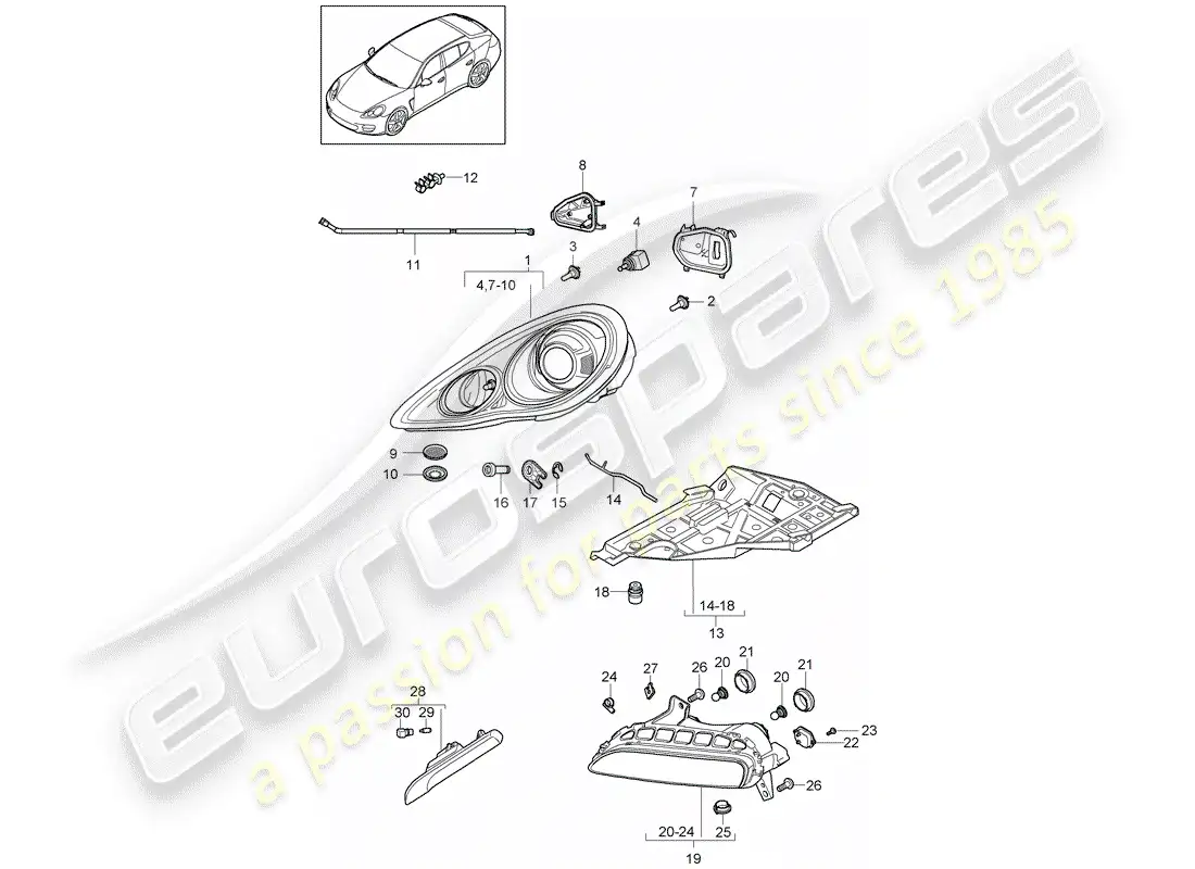 porsche 2010 (panamera 970) lámpara de cabeza diagrama de piezas