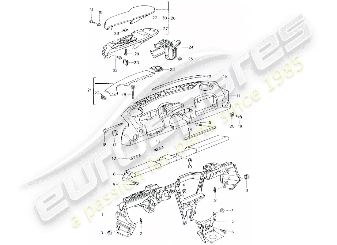 porsche 2001 (986 boxster) adorno del panel de tablero - con: - marco de retención diagrama de piezas