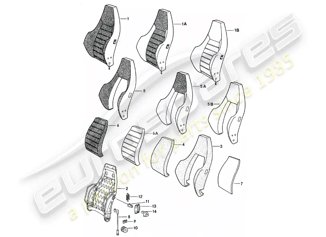 porsche 1980 (924) asiento deportivo - respaldo - y - piezas individuales diagrama de piezas