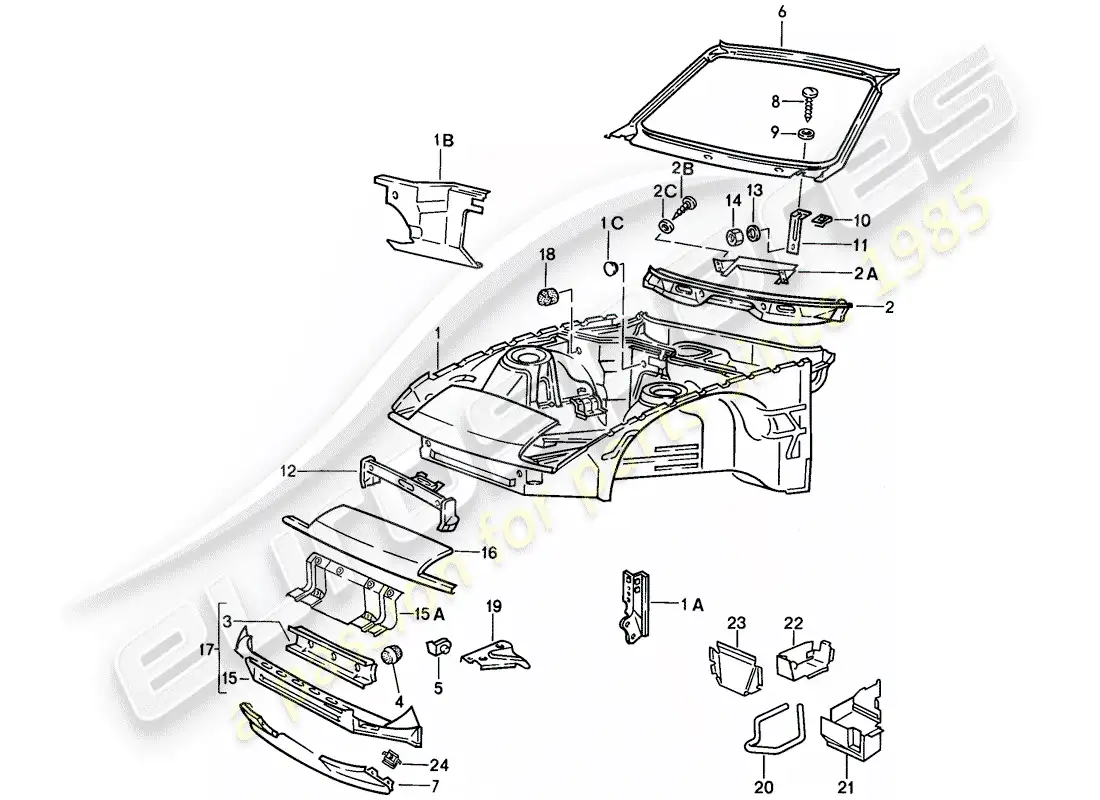 porsche 1987 (924s) sección frontal del cuerpo diagrama de piezas