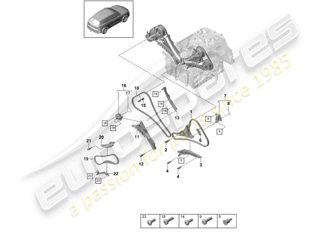 porsche 2022 (cayenne e3 9ya/9yb) diagrama de piezas del tensor de cadena del riel deslizante de la cadena de distribución