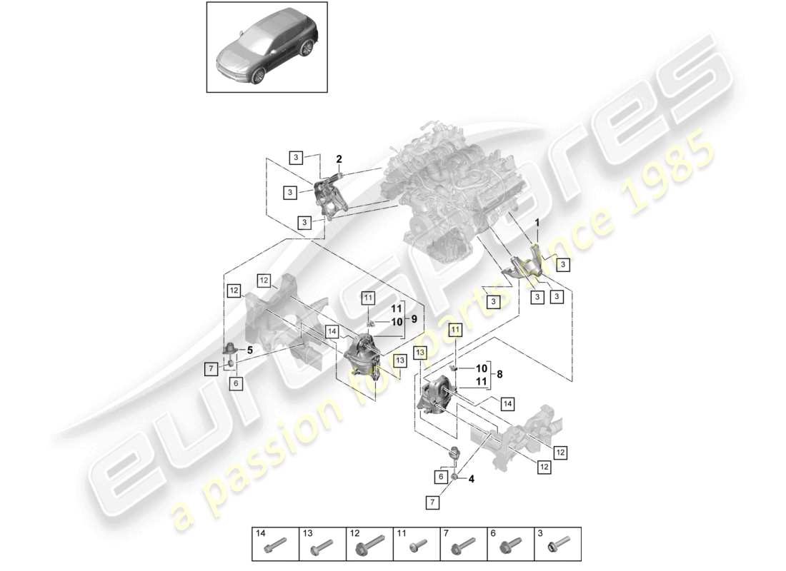 porsche 2022 (cayenne e3 9ya/9yb) aparejo de elevación del motor consola inferior para montaje del motor diagrama de piezas de montaje del motor