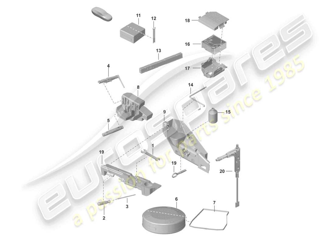 porsche 2021 (992-1 turbo / s) diagrama de piezas del kit de reparación de botiquín de primeros auxilios con triángulo de advertencia y gato hidráulico