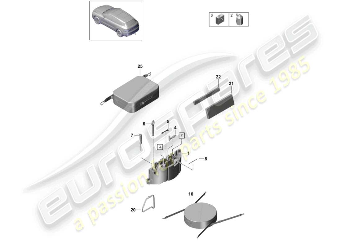 porsche 2021 (cayenne e3 9ya/9yb) diagrama de piezas del gato de herramientas