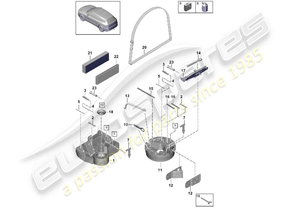porsche 2021 (cayenne e3 9ya/9yb) diagrama de piezas del gato de herramientas
