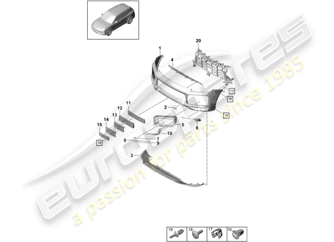 porsche 2022 (cayenne e3 9ya/9yb) diagrama de piezas del parachoques delantero del paquete sport design con efecto carbono