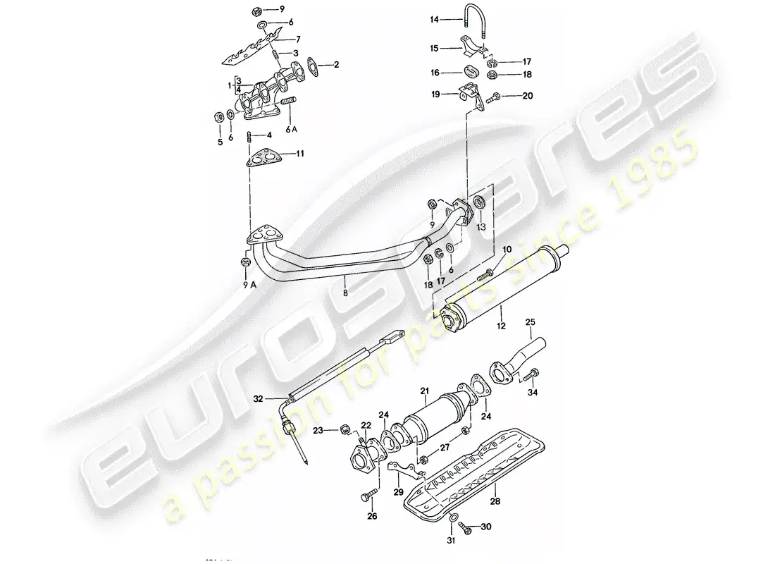 porsche 1979 (924) sistema de escape - silenciador de escape, delantero diagrama de piezas