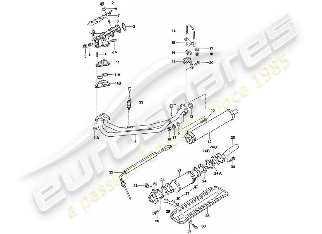 porsche 1981 (924) sistema de escape - silenciador de escape, delantero diagrama de piezas