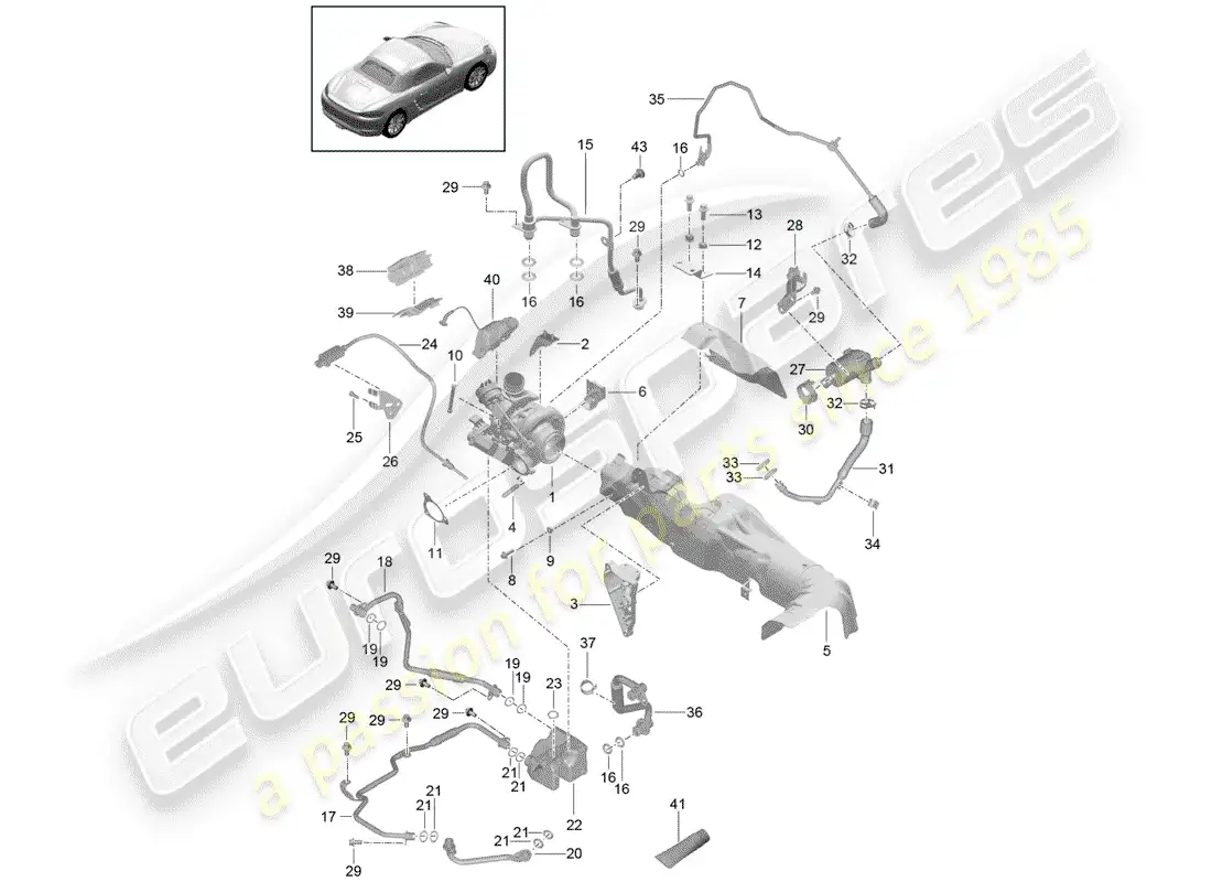 porsche 2018 (718 boxster) turbocompresor de gases de escape diagrama de piezas