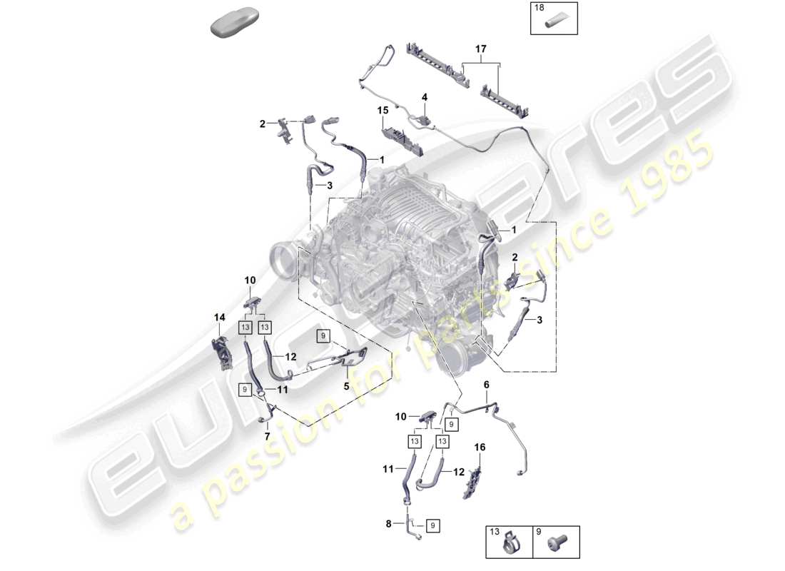 porsche 2021 (992-1 gt3/rs/st) convertidor catalítico filtro de partículas de gasolina fijaciones y sensores diagrama de piezas