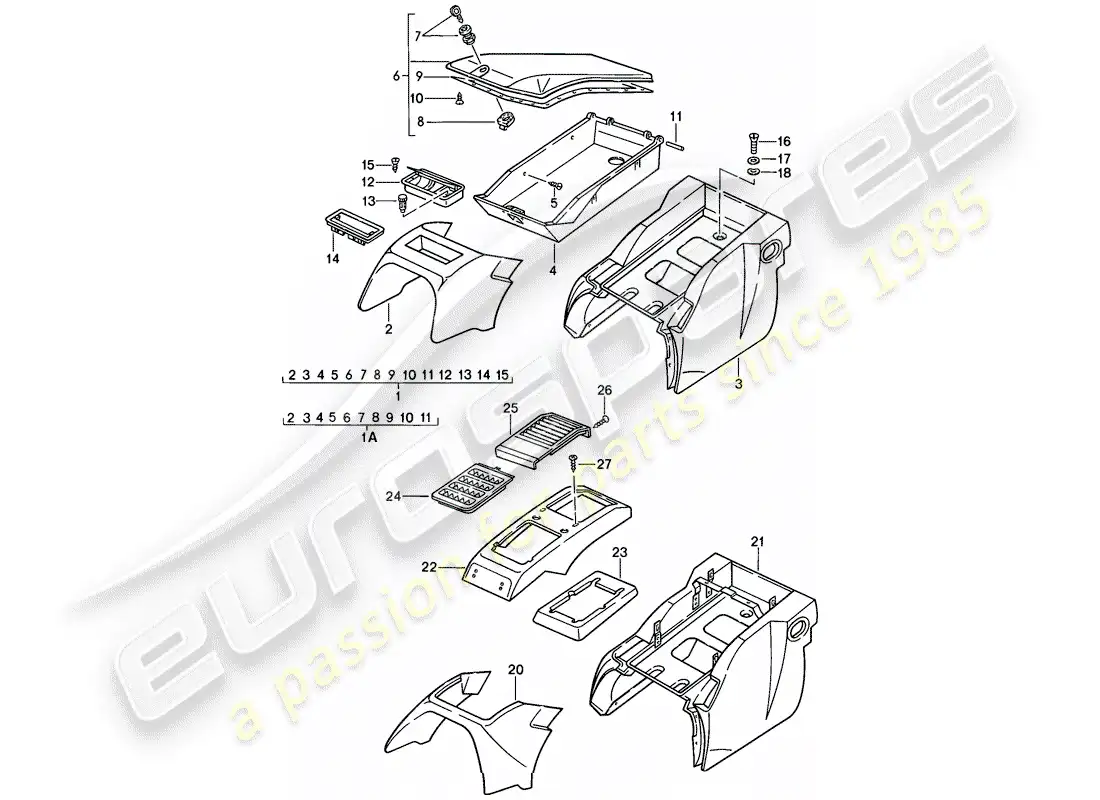 porsche 1985 (928) caja de almacenamiento diagrama de piezas