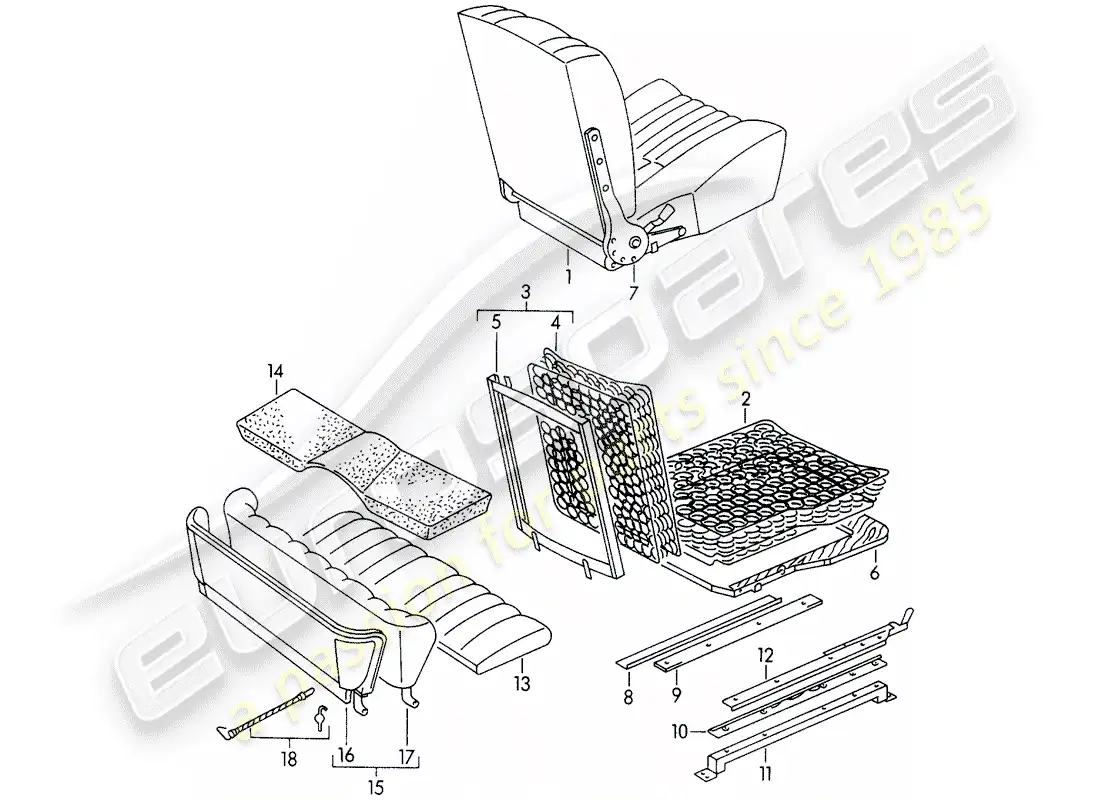 porsche 1952 (356/356a) asiento delantero y asiento de emergencia diagrama de piezas