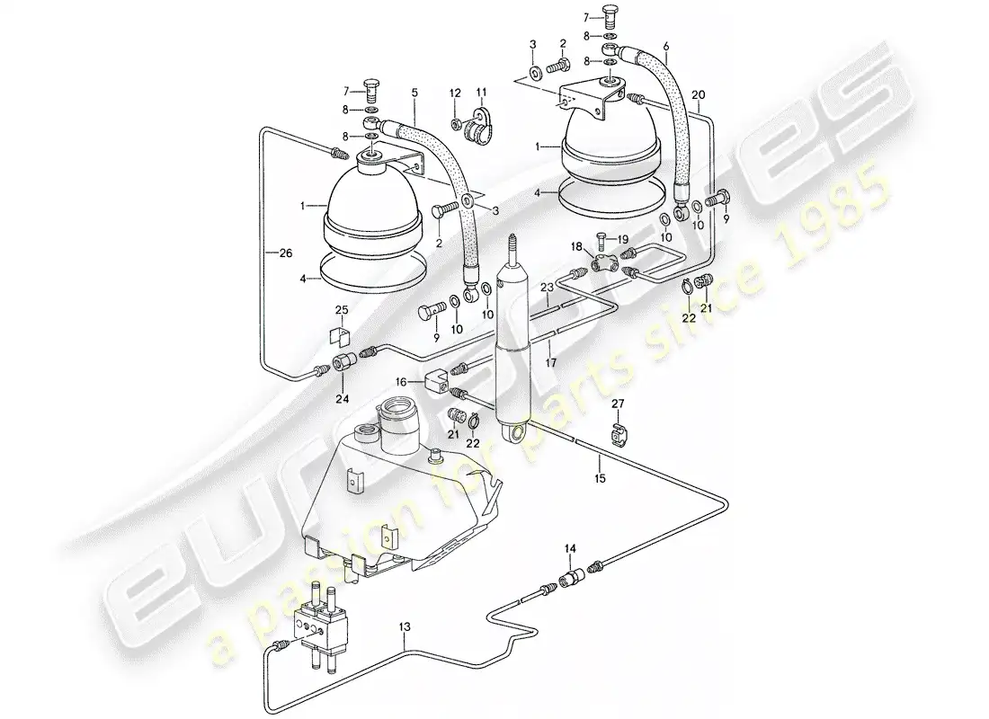 porsche 1988 (959) sistema autonivelante - líneas diagrama de piezas