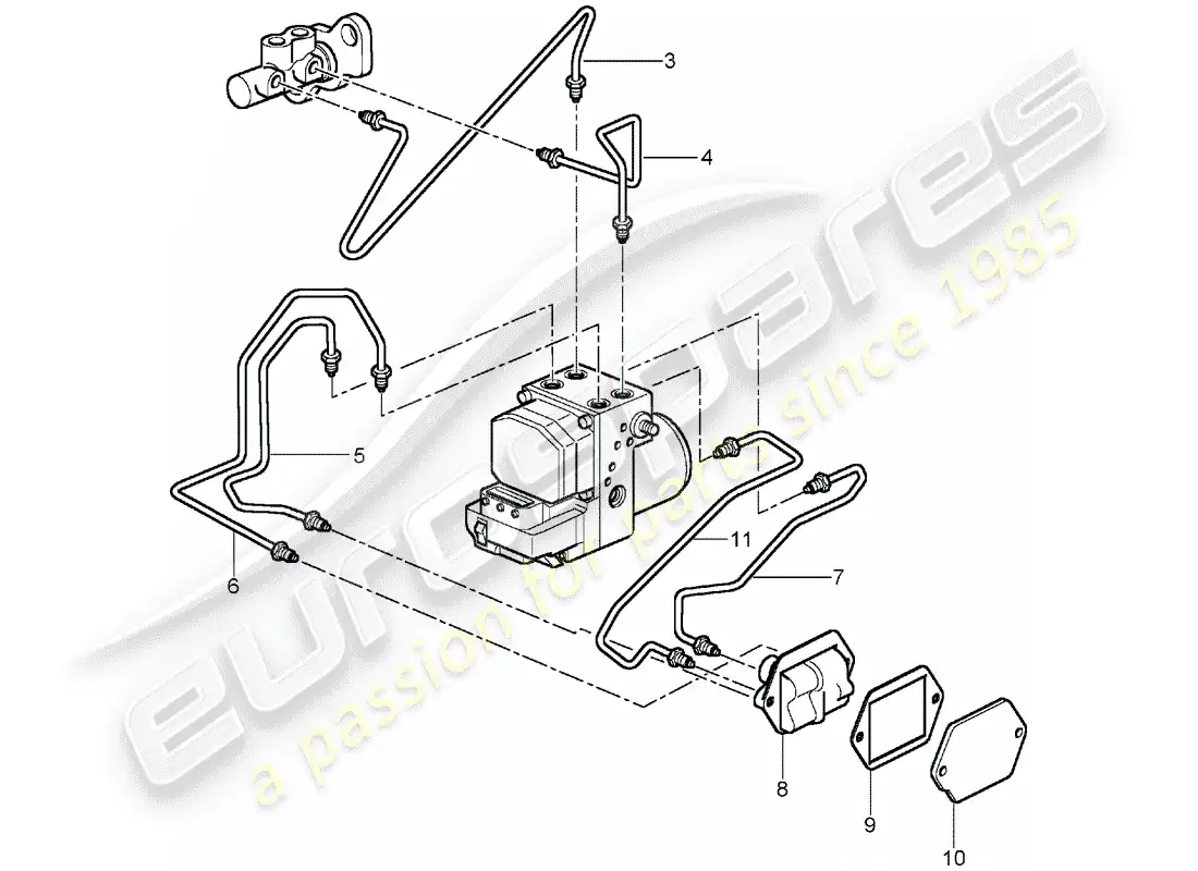 porsche 2005 (996 gt3) líneas de freno - extremo delantero diagrama de piezas