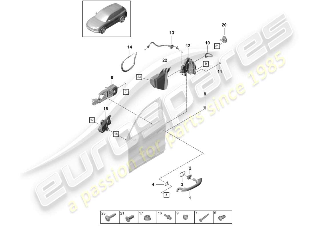 porsche 2022 (cayenne e3 9ya/9yb) manija de la puerta, diagrama de piezas de la cerradura de la puerta delantera exterior