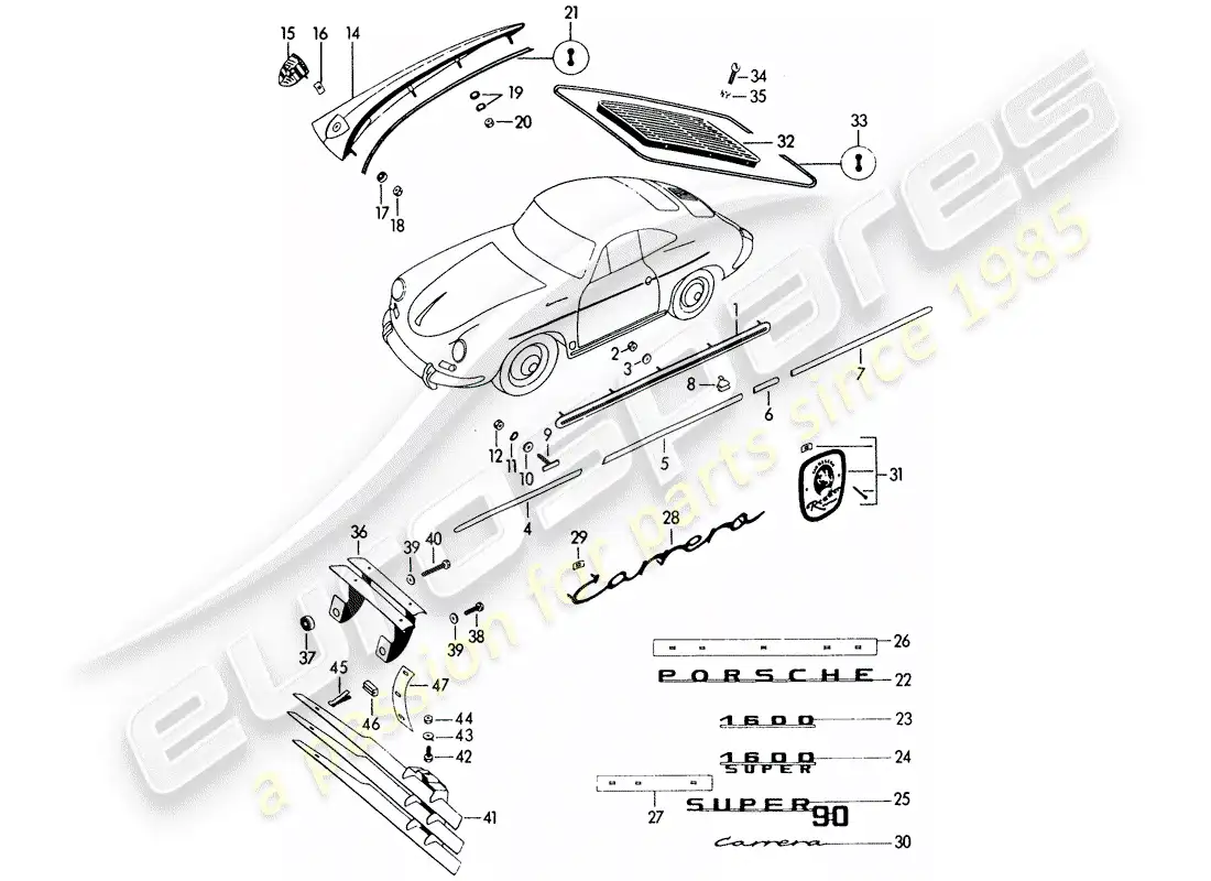 porsche 1962 (356b/356c) accesorios decorativos diagrama de piezas