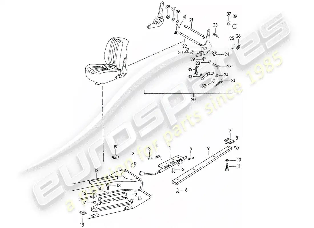 porsche 1962 (356b/356c) riel del asiento - y - mecanismo del asiento reclinable diagrama de piezas