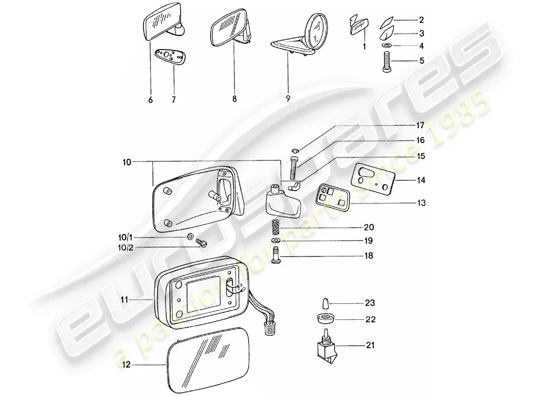 porsche 1976 (911) espejo retrovisor interior - espejo retrovisor diagrama de piezas