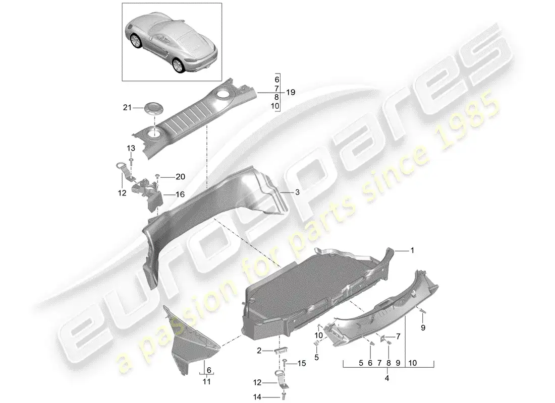 porsche 2018 (718 cayman) forro de bota diagrama de piezas
