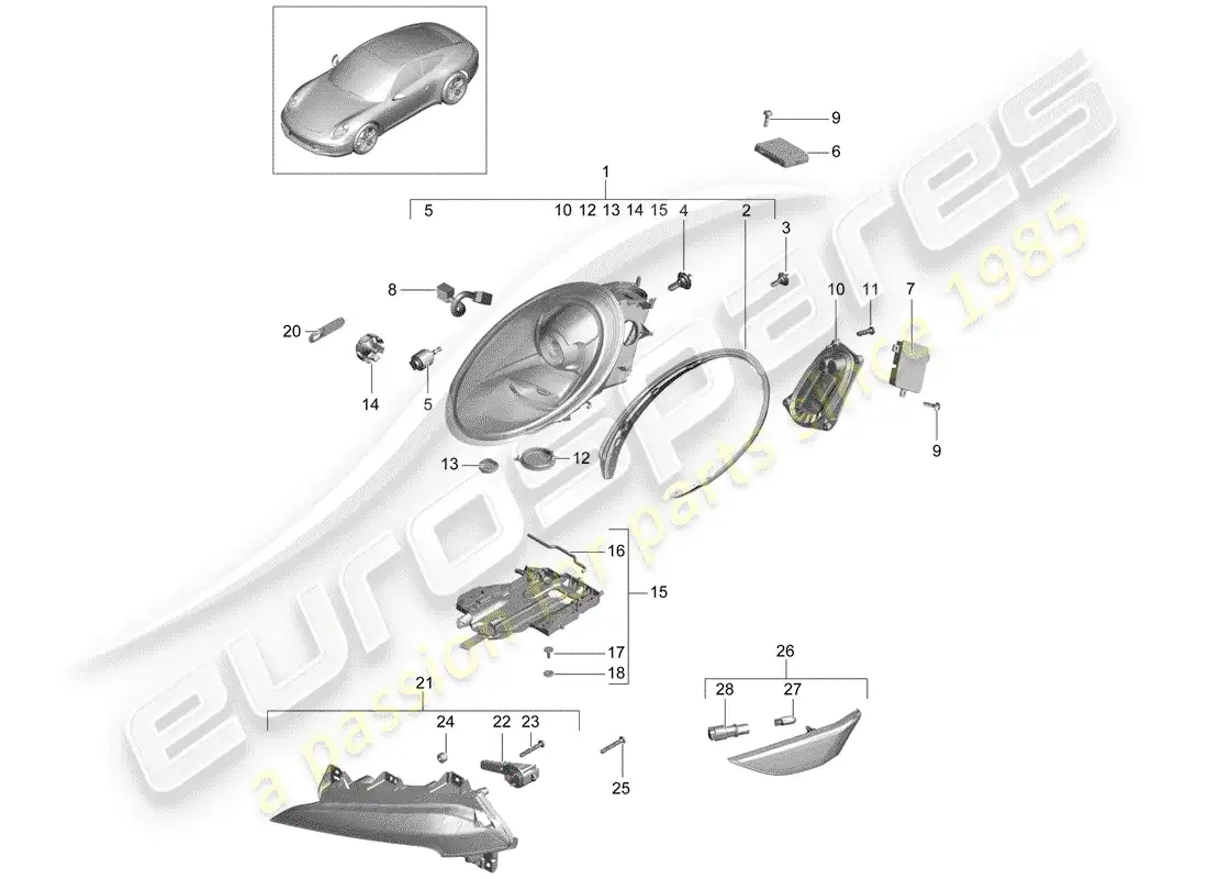 porsche 2012 (991-1) lámpara de cabeza diagrama de piezas