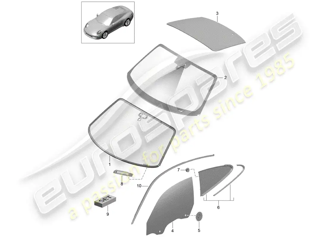 porsche 2012 (991-1) acristalamiento de ventanas diagrama de piezas