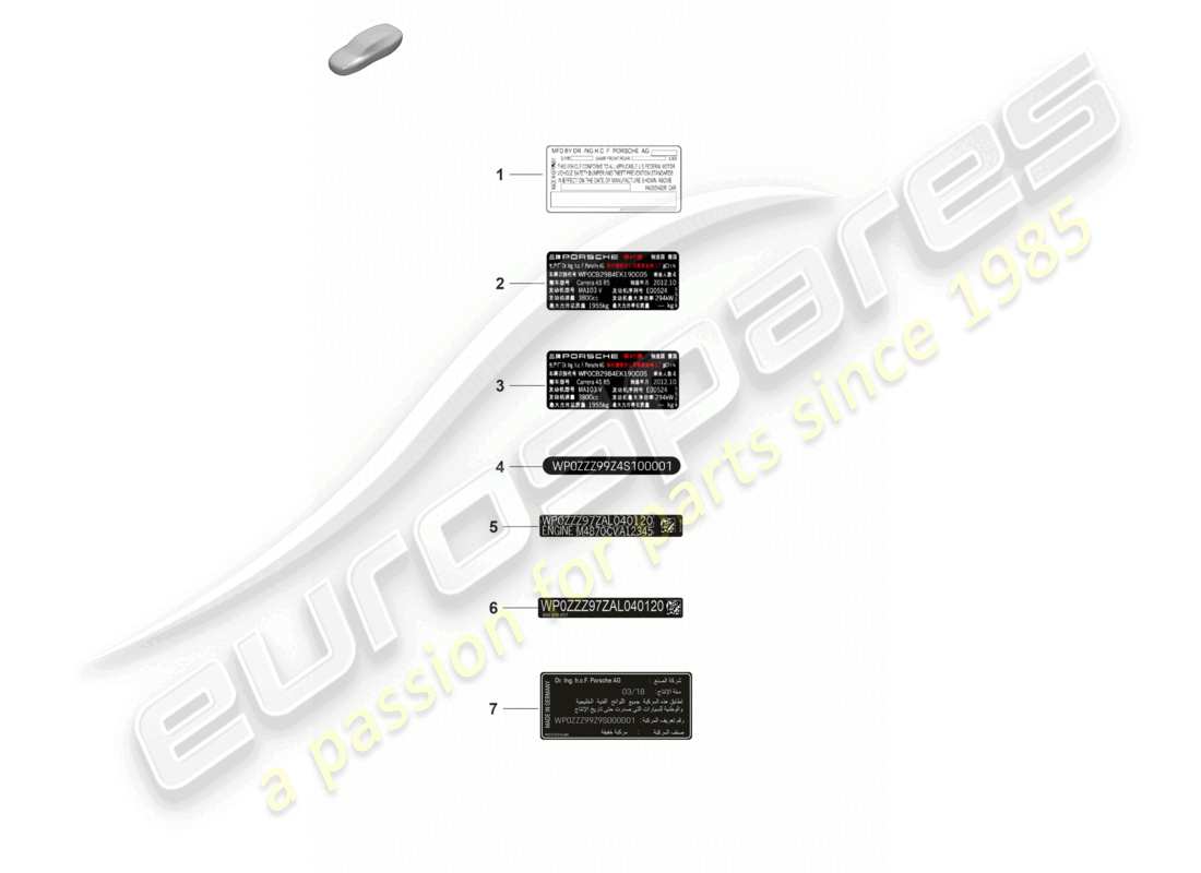 porsche 2021 (992-1 gt3/rs/st) certificado de calcomanía ee. uu. certificado de calcomanía canadá etiqueta de datos china corea emiratos árabes unidos diagrama de piezas