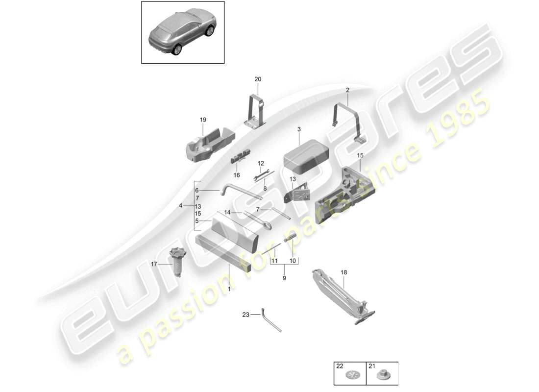 porsche 2021 (macan) diagrama de piezas del botiquín de primeros auxilios con triángulo de advertencia de gato de herramienta
