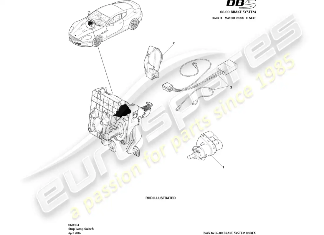 aston martin dbs (2011) interruptor de luz de freno diagrama de piezas