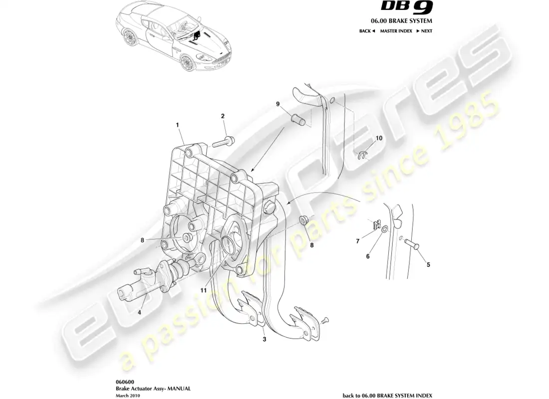 aston martin db9 (2007) conjunto de actuador de freno, manual diagrama de piezas