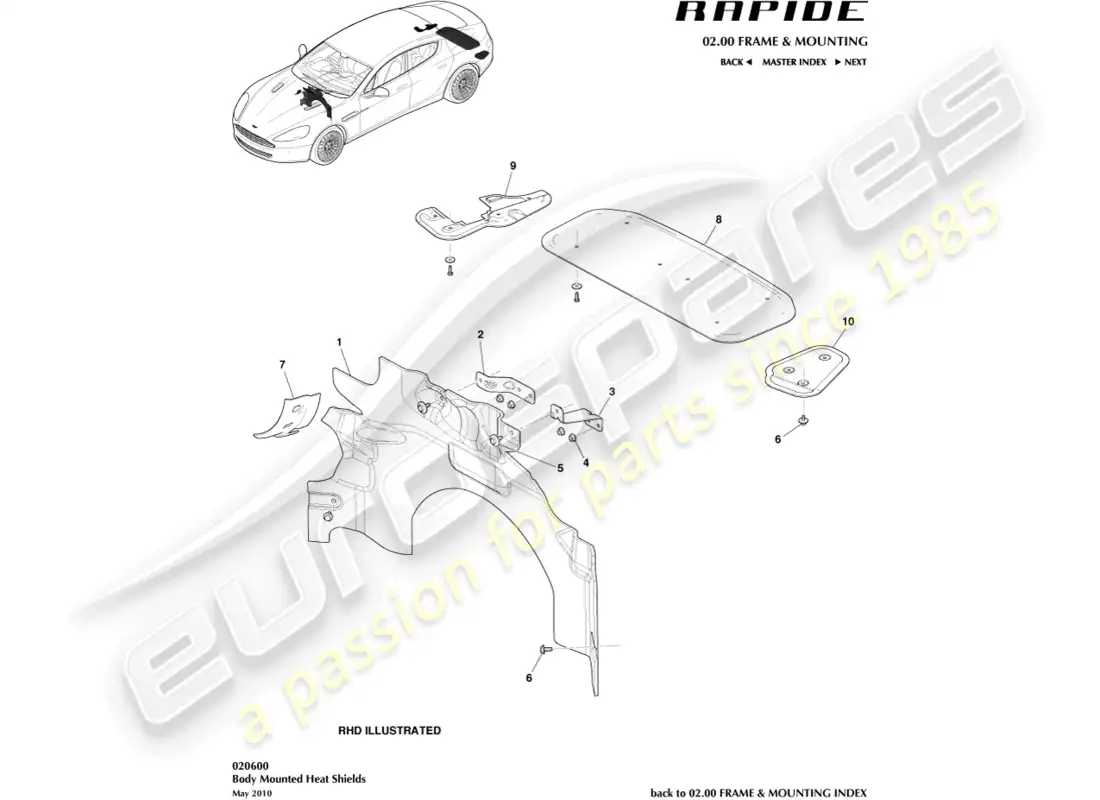 aston martin rapide (2019) escudos térmicos diagrama de piezas