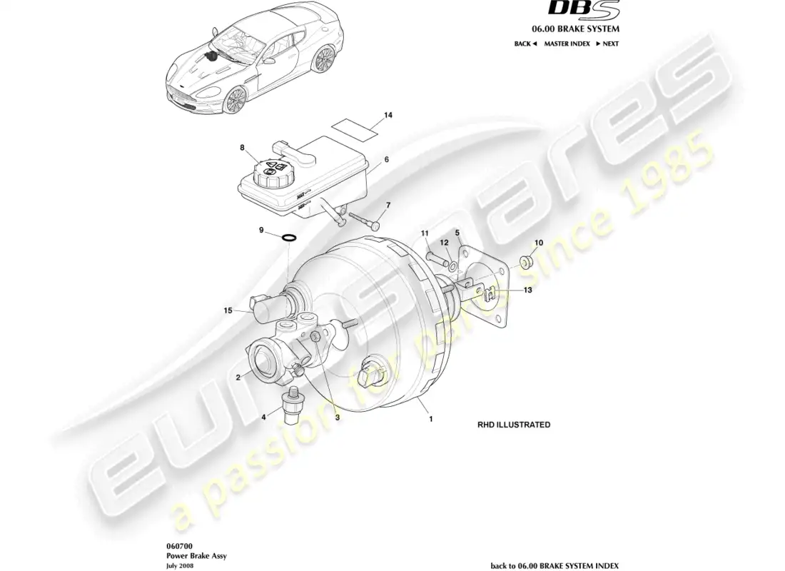 aston martin dbs (2007) conjunto de freno de potencia diagrama de piezas