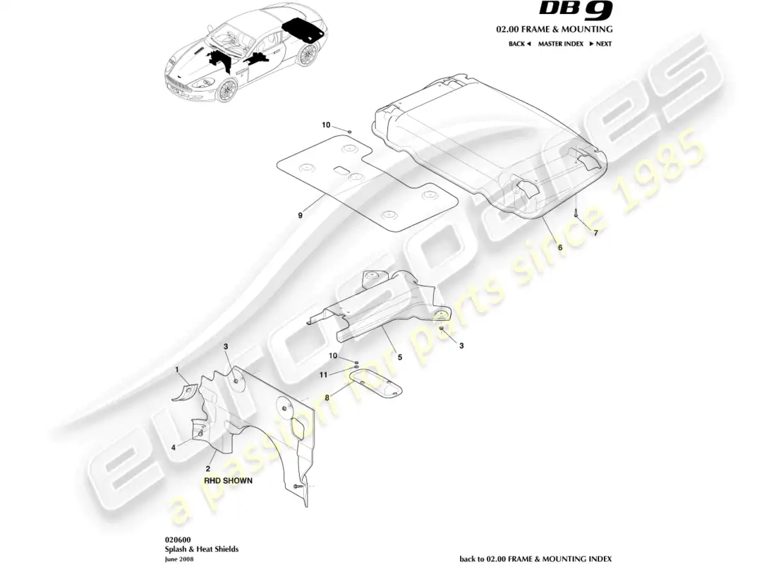 aston martin db9 (2006) escudos contra salpicaduras y calor diagrama de piezas
