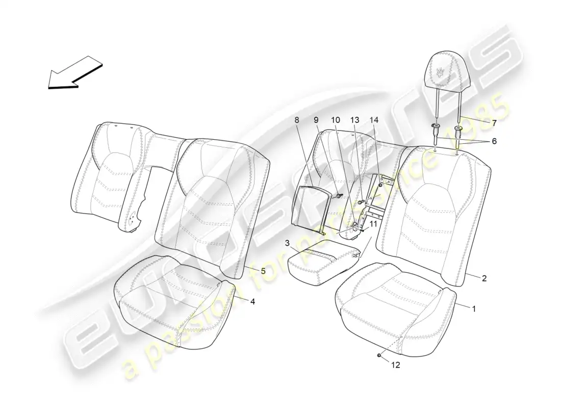 maserati granturismo s (2019) asientos traseros: diagrama de piezas de los paneles decorativos
