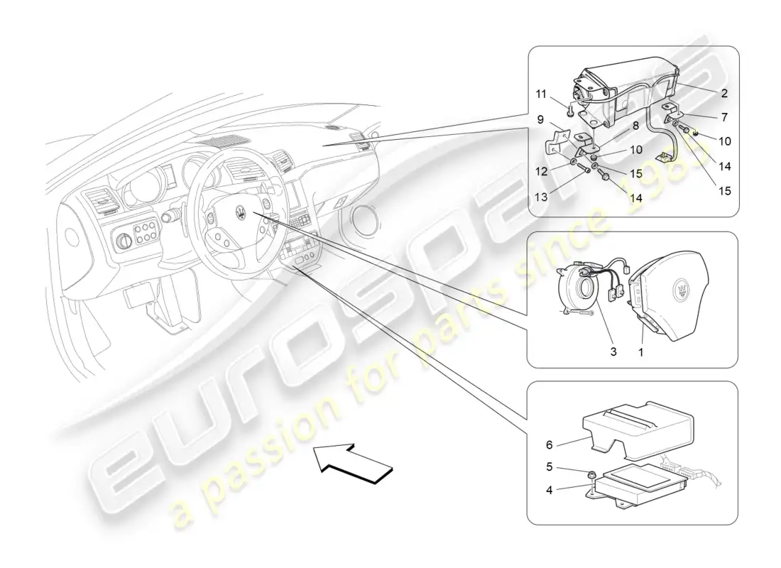 maserati granturismo (2014) sistema de airbag delantero diagrama de piezas