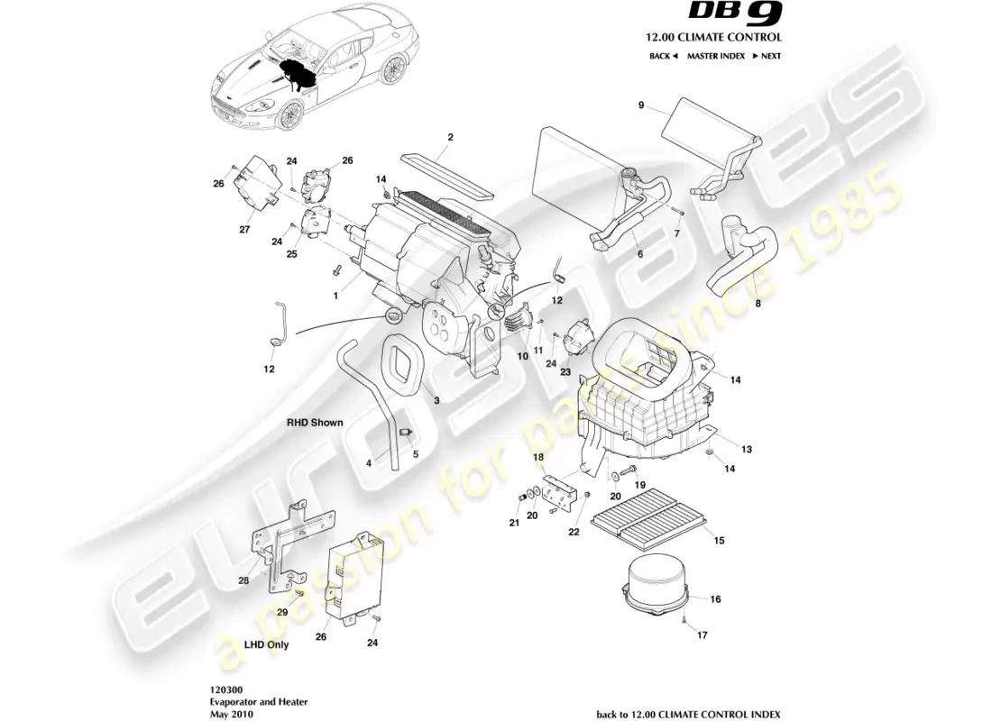 aston martin db9 (2012) evaporador y calentador diagrama de piezas