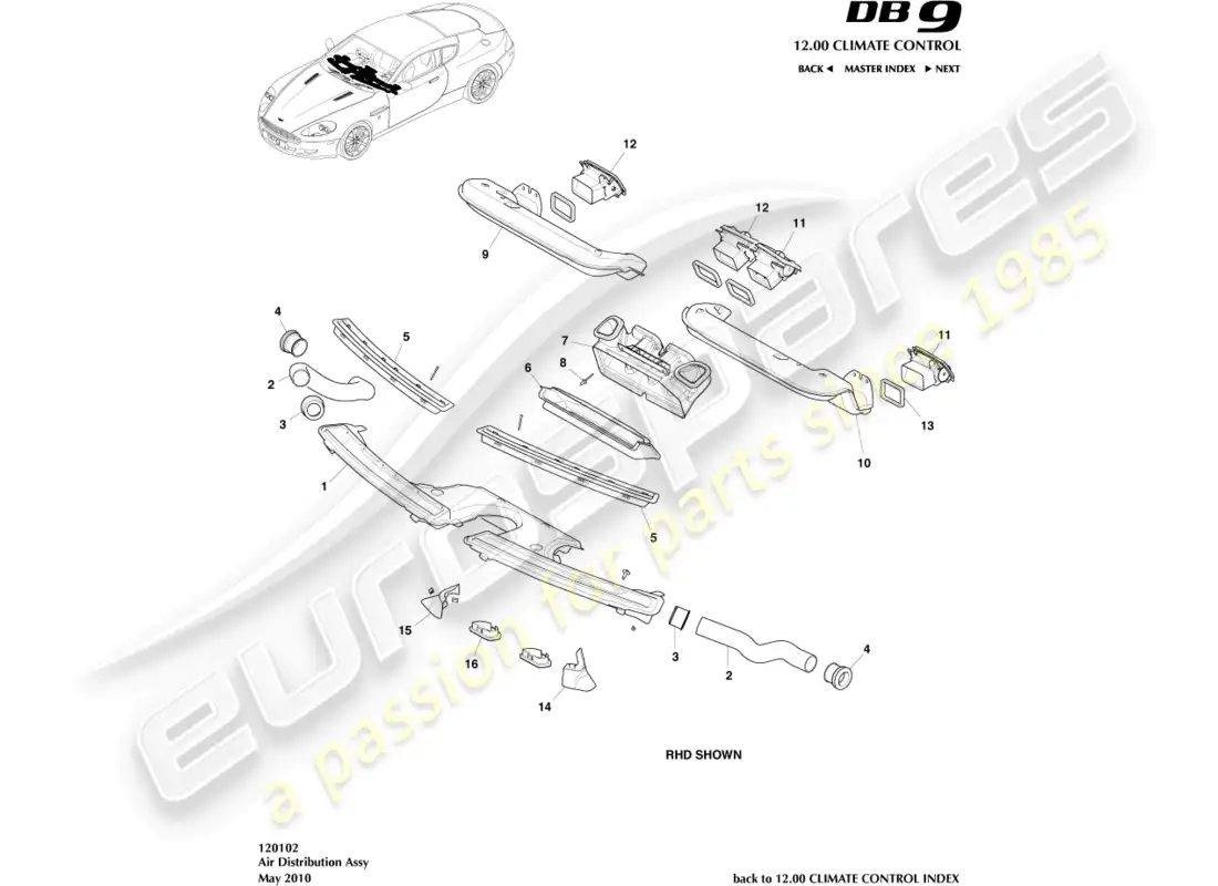 aston martin db9 (2012) componentes de distribución de aire diagrama de piezas