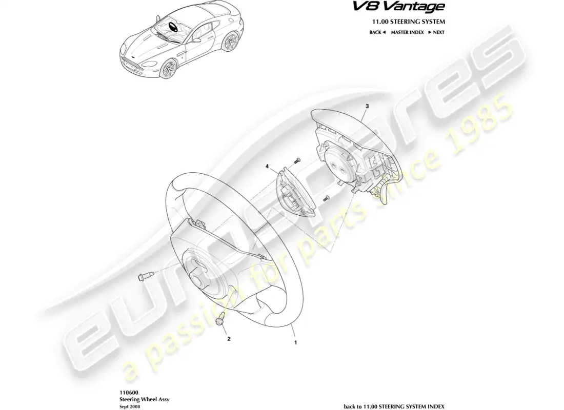 aston martin v8 vantage (2008) diagrama de piezas del conjunto del volante