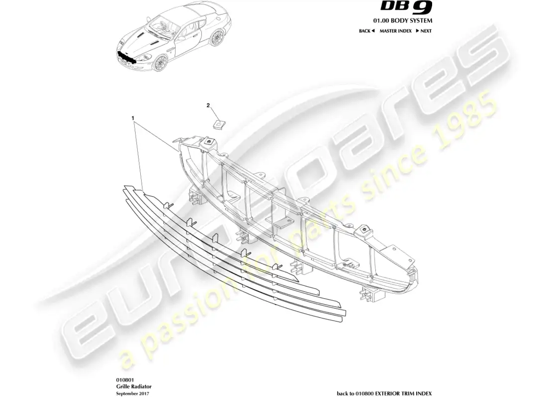 aston martin db9 (2007) rejilla del radiador diagrama de piezas