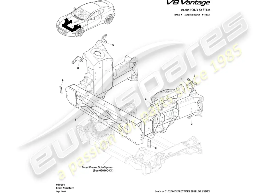 aston martin v8 vantage (2008) diagrama de piezas de la estructura frontal