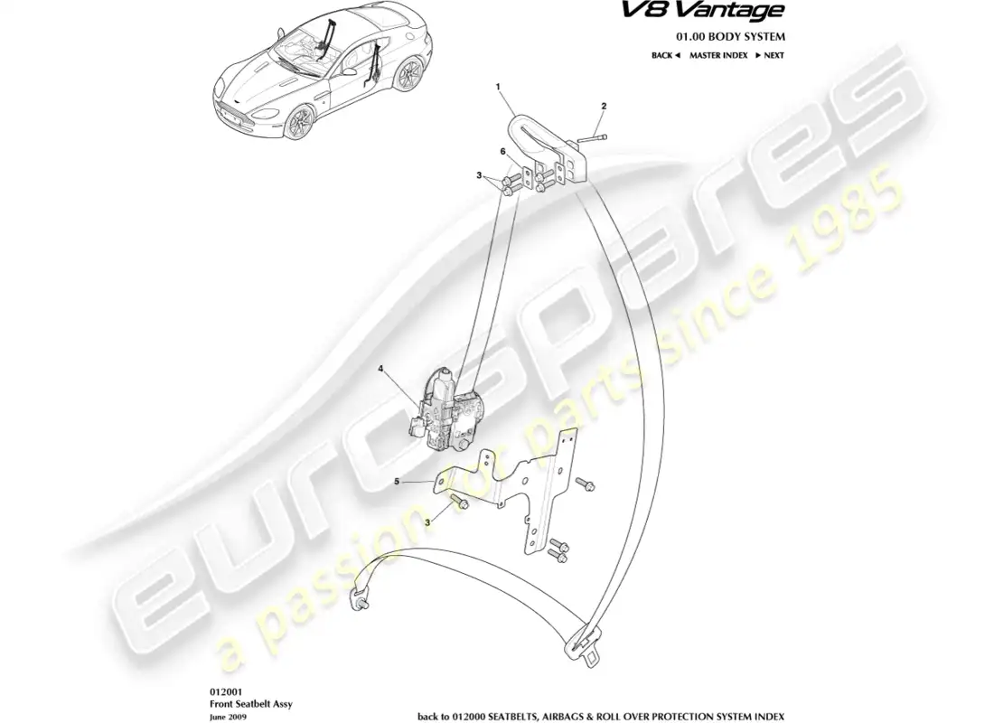 aston martin v8 vantage (2008) diagrama de piezas de los cinturones de seguridad delanteros