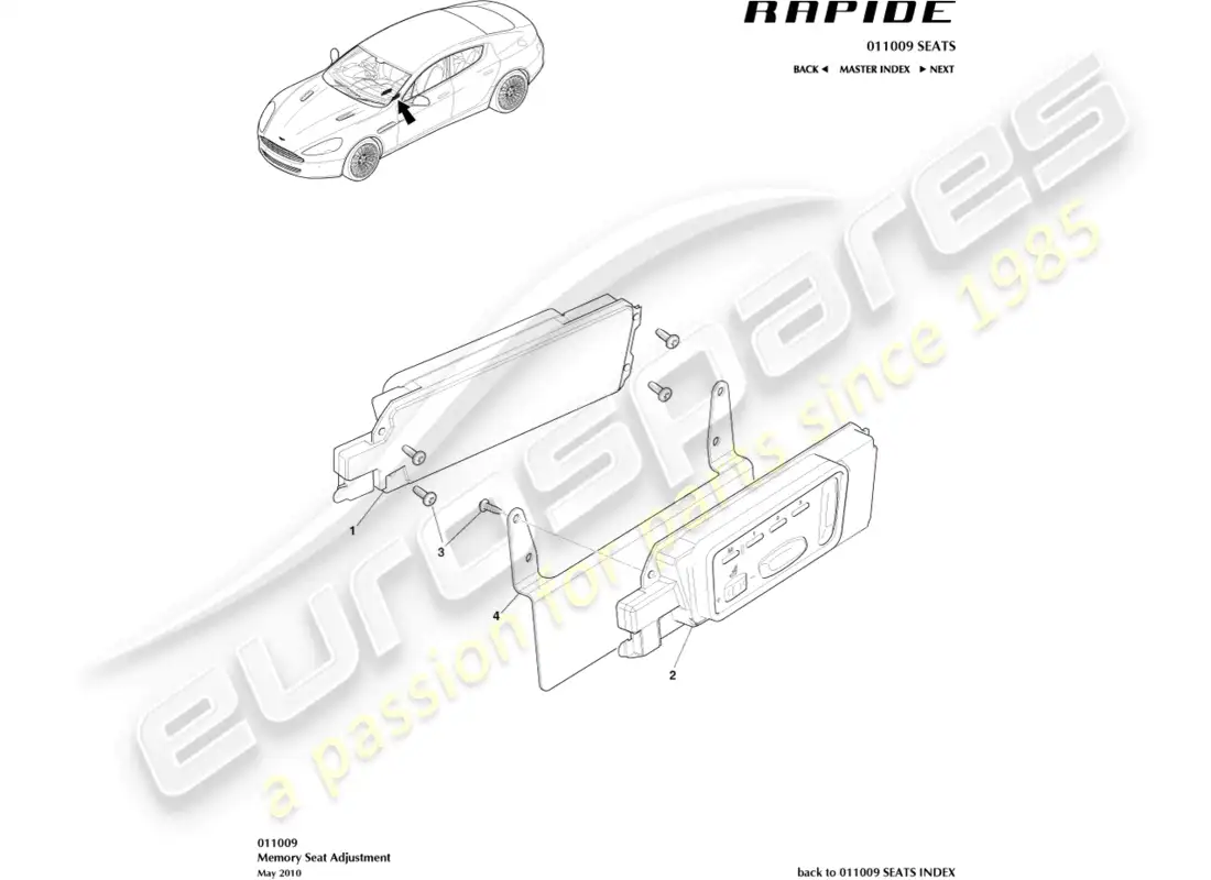 aston martin rapide (2019) diagrama de piezas de ajuste del asiento delantero